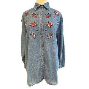 Vintage Quizz Again & Co. Denim Button-Up Shirt With Embroidered Plaid Scottie D